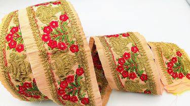 Peach Silk Trim With Floral Embroidery in Red, Green & Antique Gold, Indian Sari Border Trim By Yard Decorative Trim Craft Lace